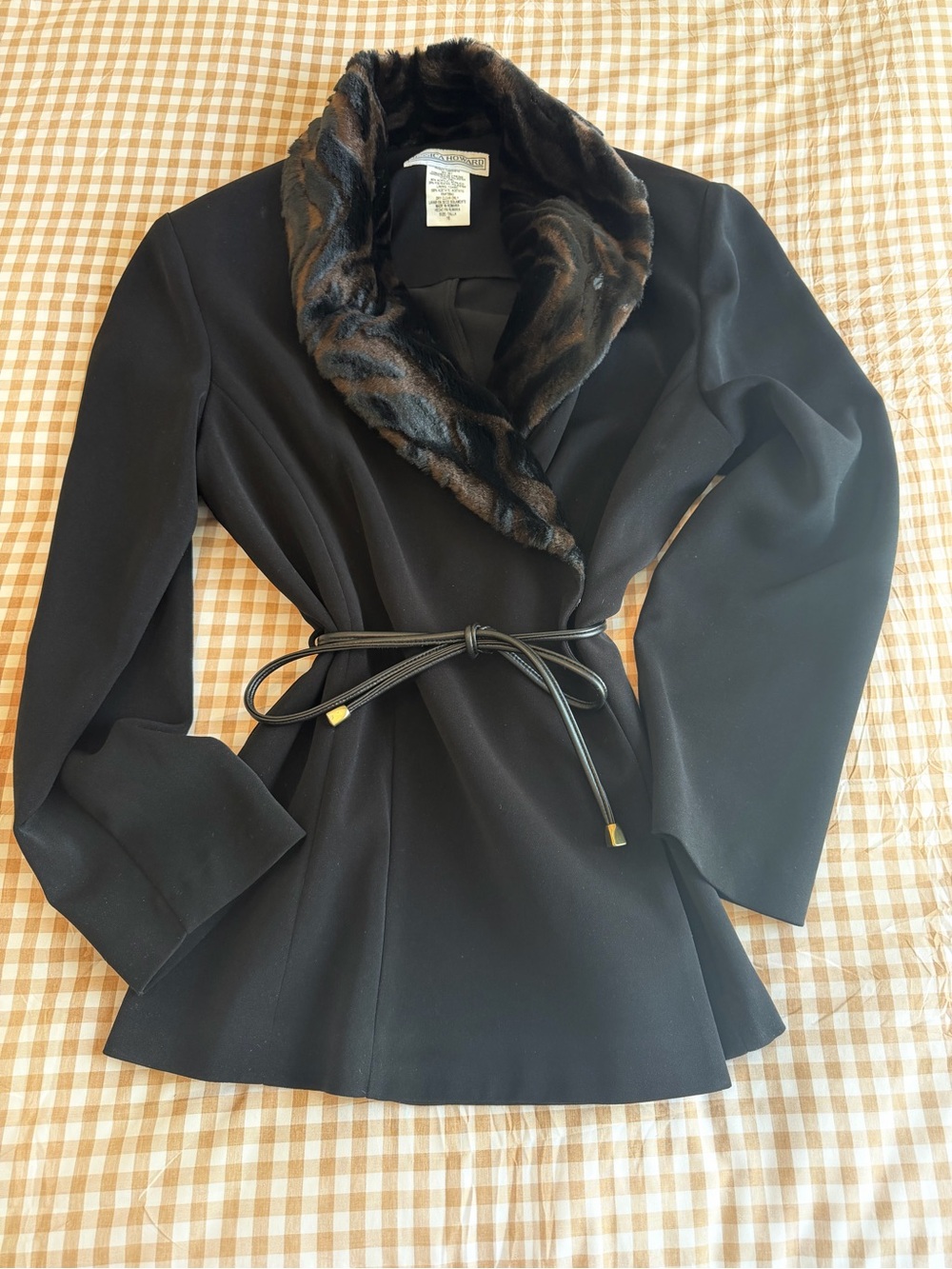 Jessica Howard Black Belted Blazer with Faux Fur Shawl Collar